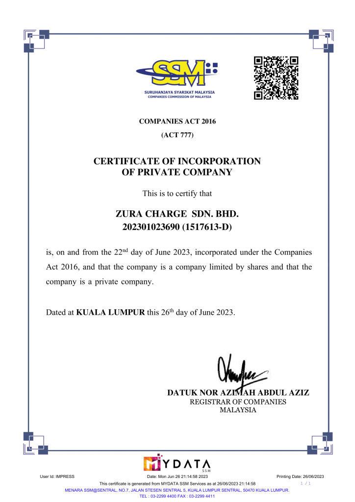 ZuraCharge SSM Registered Company in Malaysia